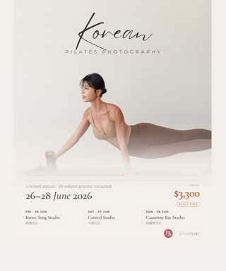 Advertisement for Korean Pilates Photography event with a woman in a Pilates pose on a light background.